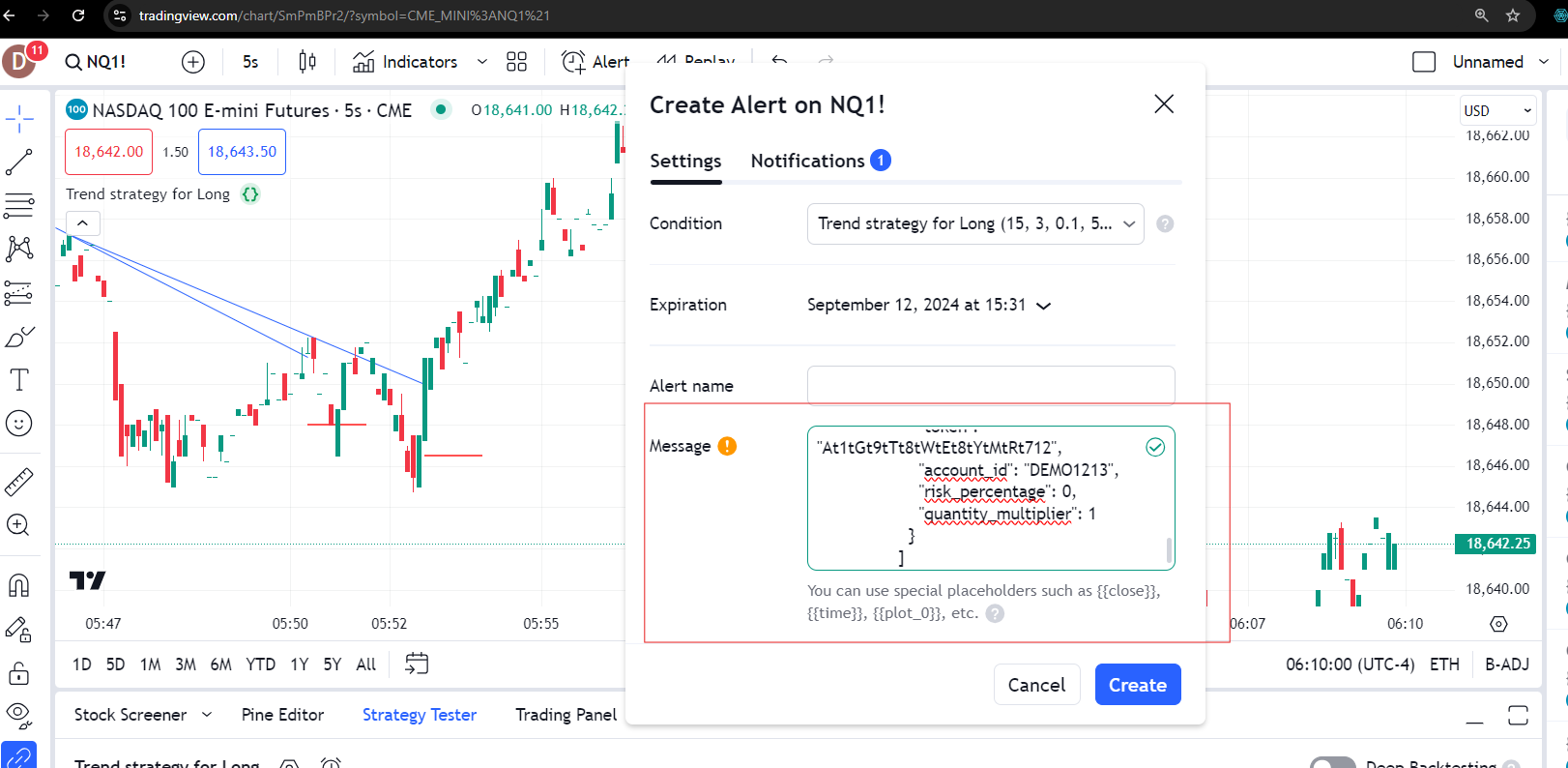 TradingView Message for Rithmic