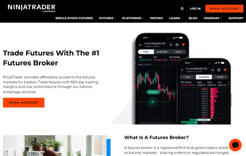 NinjaTrader Futures page with the NinjaTrader by Payward logo