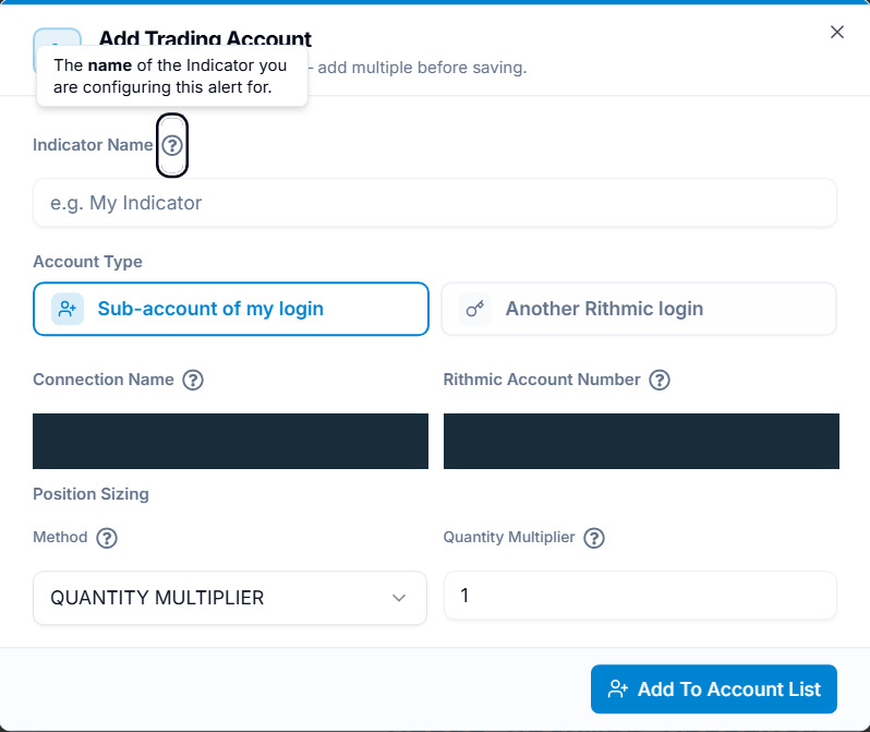 Authenticated sub-account selection and quantity-multiplier controls; private identifiers redacted