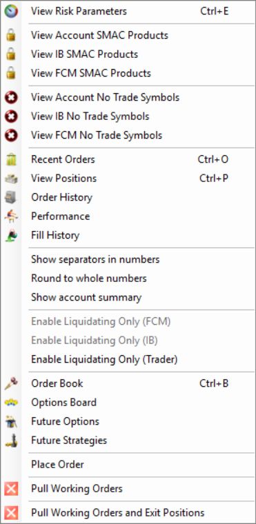 Trader Dashboard account menu showing View Risk Parameters at the top