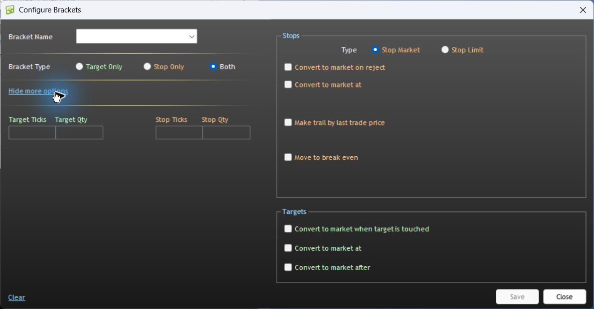 Advanced bracket settings with stop type, trailing and break-even controls; options remain unchecked