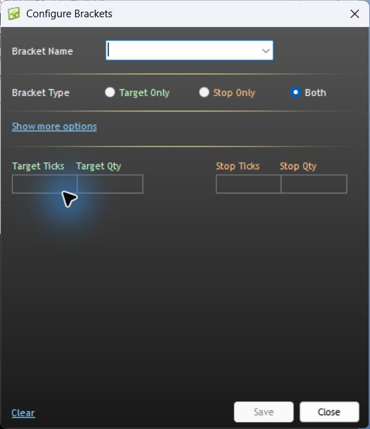 Configure Brackets dialog with target and stop fields; no template saved