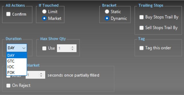 Duration menu showing DAY, GTC, IOC and FOK in Order Defaults