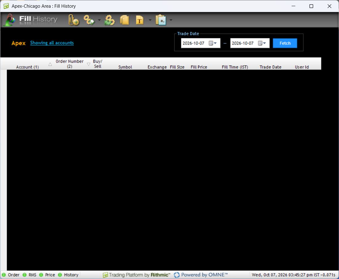 Empty Fill History window with account filter, trade dates, Fetch and export toolbar