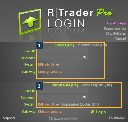 Empty native login with Market Data and Allow Plug-ins in numbered box 2; Off is the observed reference state, not a recommended setting