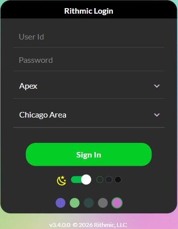 Web login reference with empty credential fields and Apex / Chicago Area selected. captured 7 October 2026