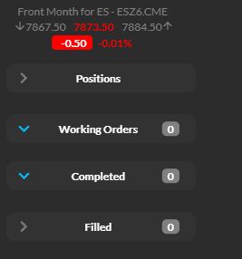 Front-month contract label and empty Working Orders, Completed and Filled panels. R Trader Pro Web, captured 7 October 2026