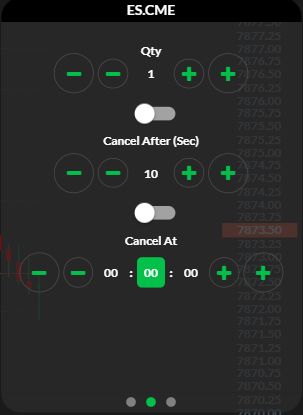 Quantity and Cancel After (Sec) and Cancel At controls, with cancellation switches off. R Trader Pro Web, captured 7 October 2026