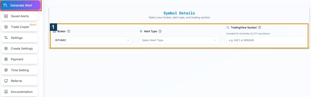 Official PickMyTrade generator illustration with its separate trading-symbol field; vendor reference, not the current private configuration
