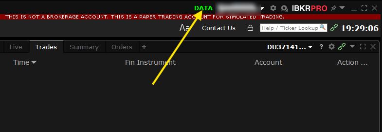 The DATA indicator at the top of the paper TWS window shows which market-data session this login is using.