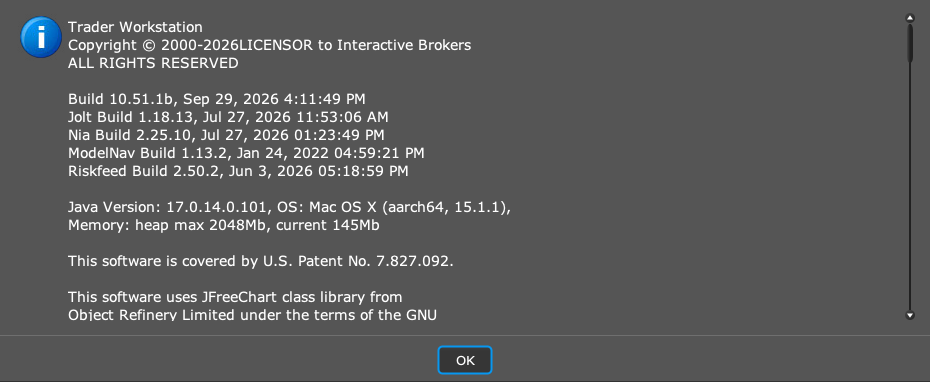 TWS About dialog showing build 10.51.1b and the macOS Java environment