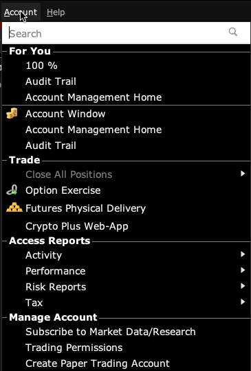 TWS Account menu with Account Window, data subscription and trading permission entries