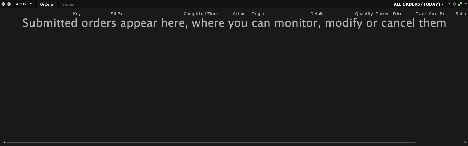 Empty TWS Activity Orders panel and Trades tab