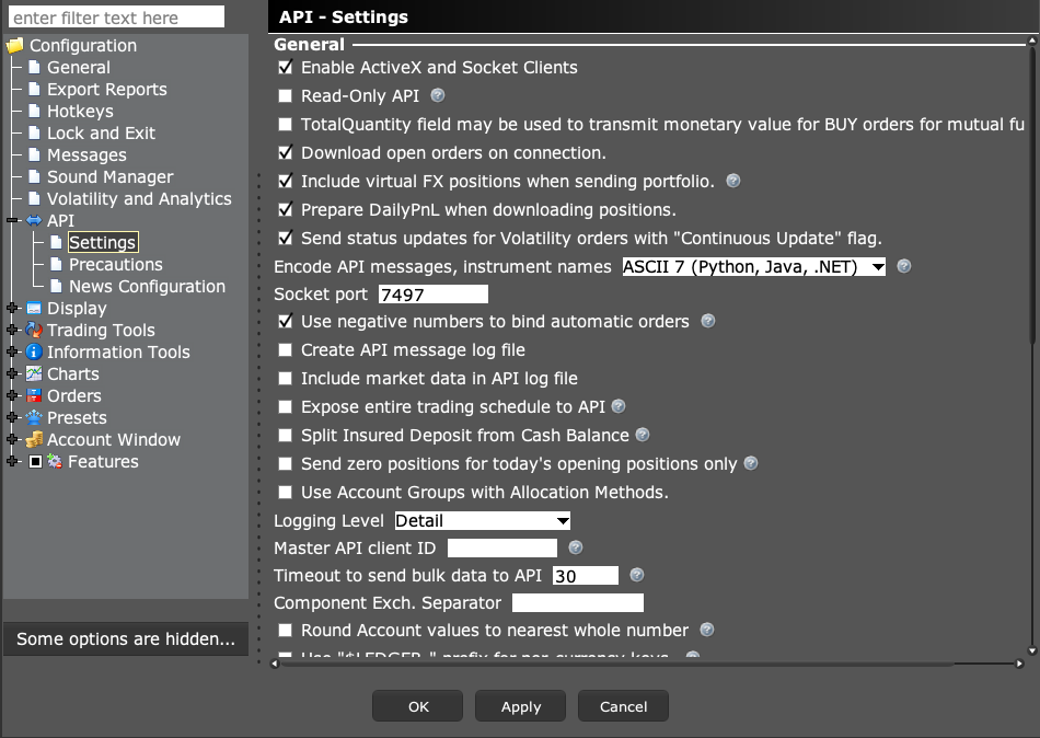 TWS API Settings showing socket clients, read-only access, port and logging