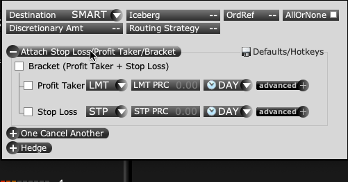 Unsent TWS order with unchecked bracket, profit-taker and stop-loss controls