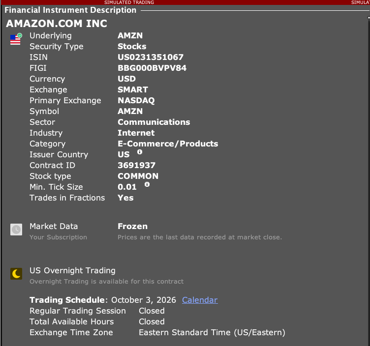 TWS stock Description showing SMART route, NASDAQ primary exchange, currency, contract ID, minimum tick and frozen data status