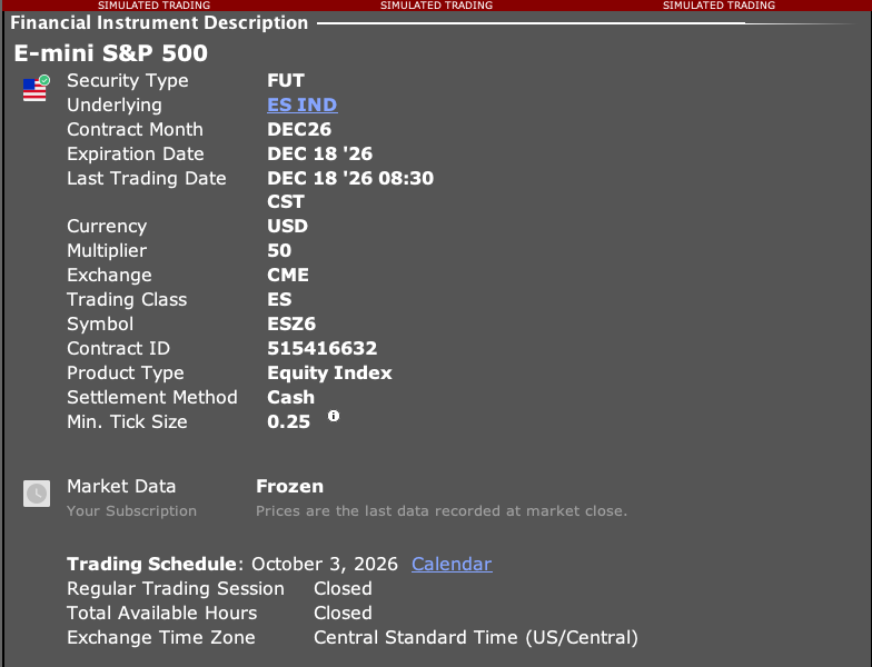 TWS futures Description showing contract month, expiry, multiplier, exchange, tick size and trading schedule