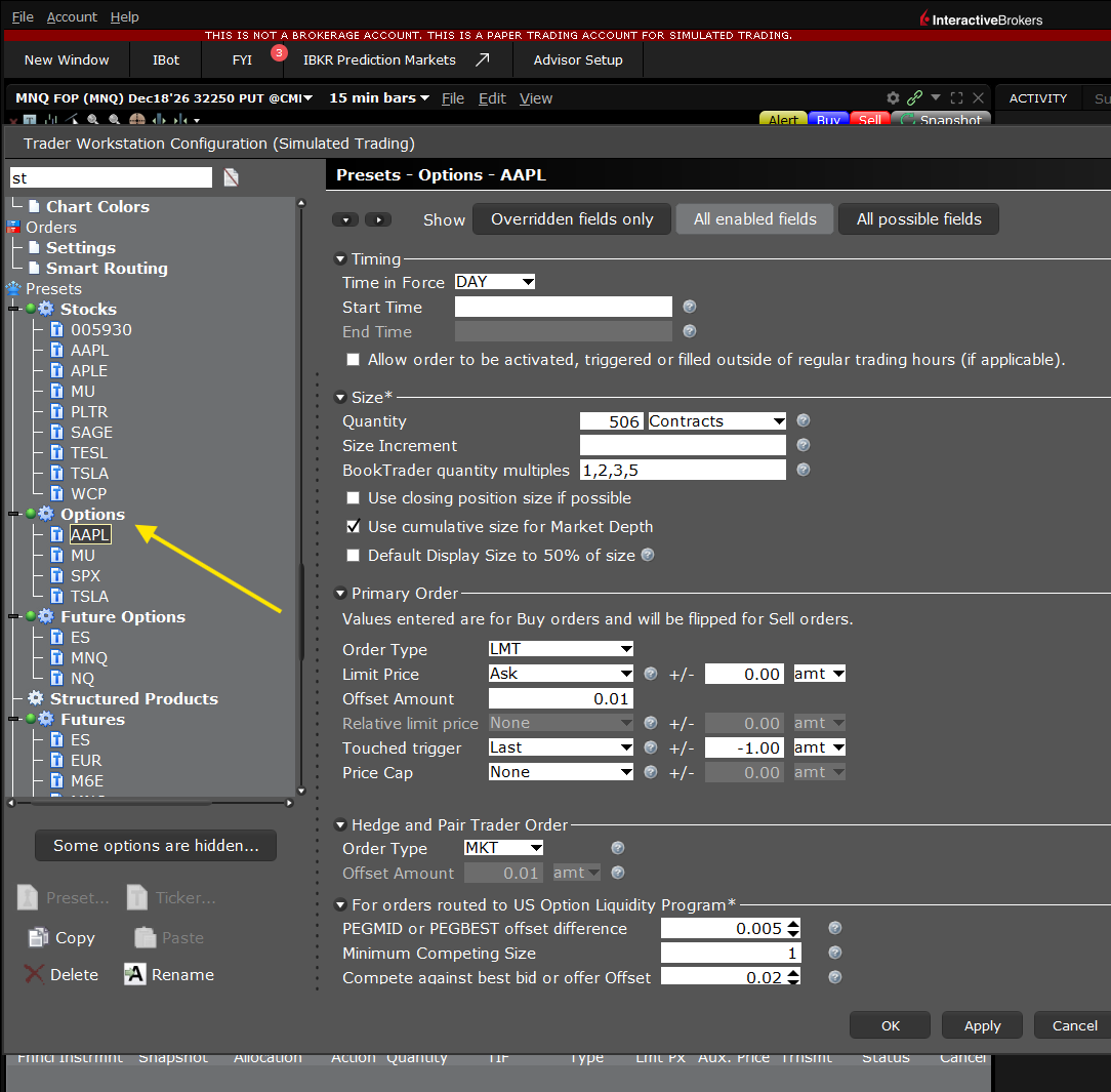 TWS Global Configuration lists Options and Future Options as separate preset categories, each with its own settings.