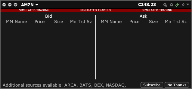 TWS Market Depth window with empty bid and ask columns for an example stock