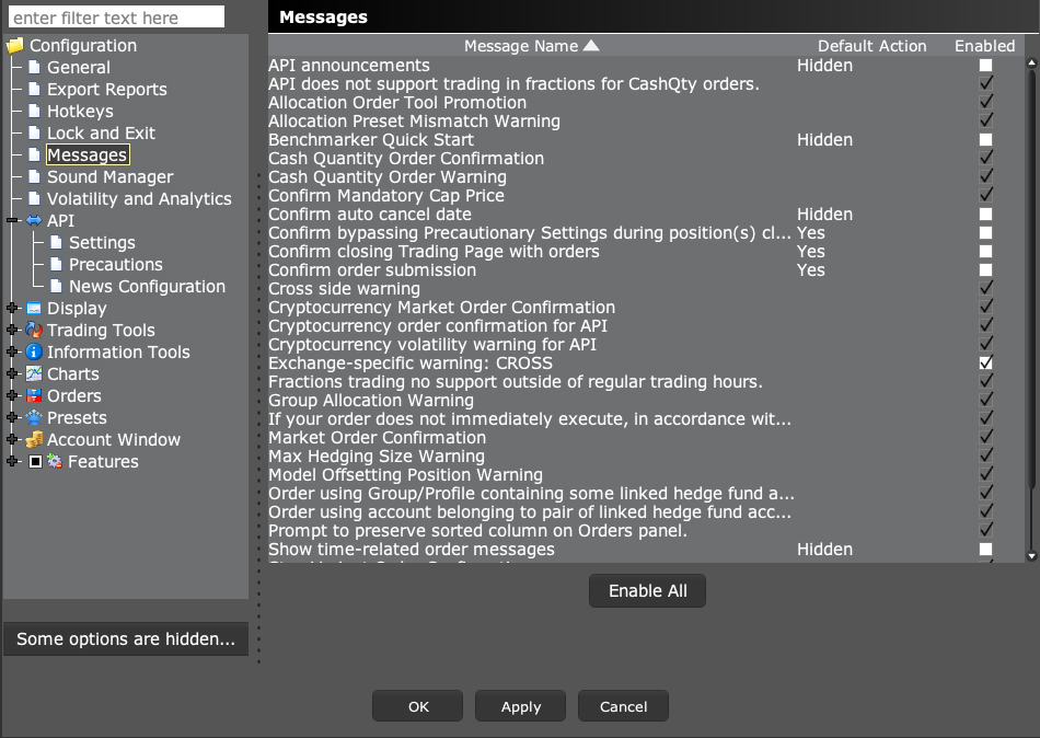 TWS Messages settings panel