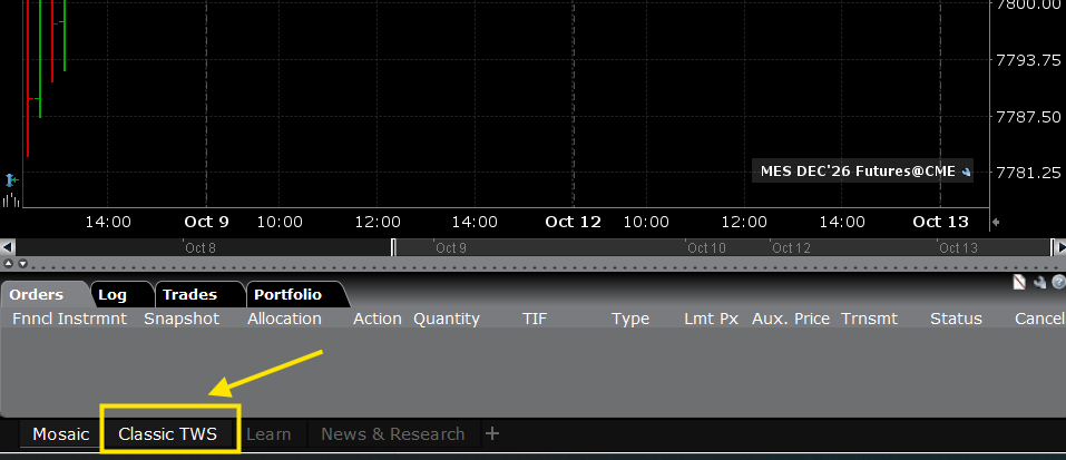 Switch from Mosaic to the Classic TWS tab at the bottom of the window.