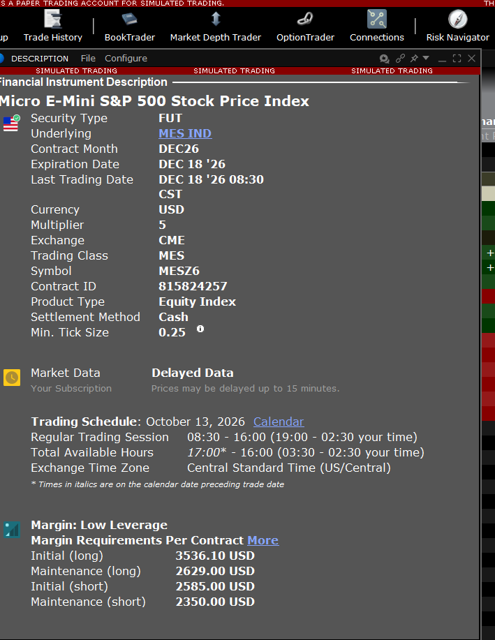 Description for a Micro E-mini S&P 500 future (MES): symbol, expiry and a multiplier of 5.
