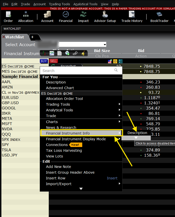 Right-click the contract and choose Financial Instrument Info → Description.