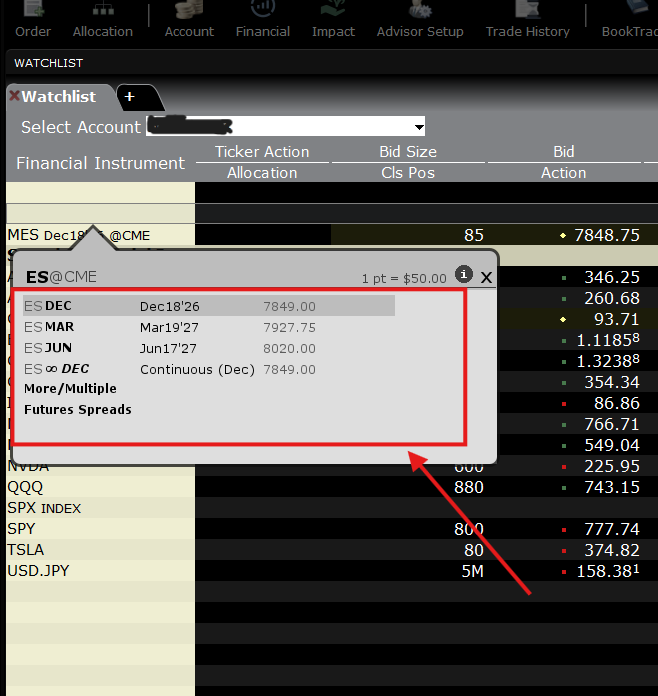 Double-click the symbol to choose the contract month from the list of available expiries.