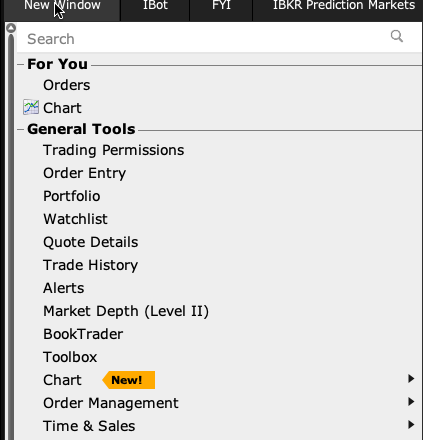 TWS New Window menu with Market Depth Level II and Time and Sales