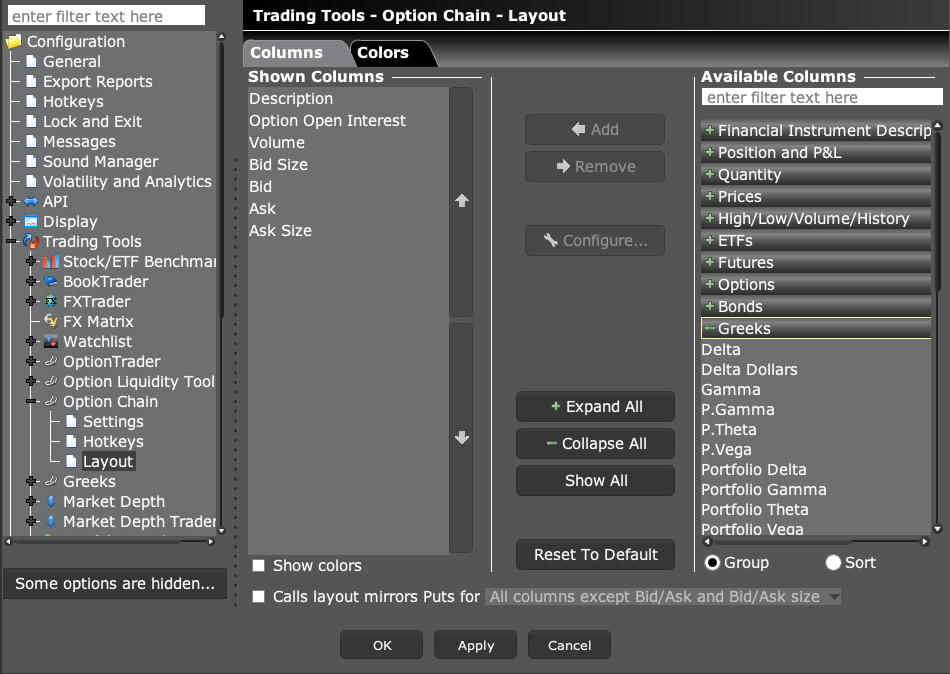 Option Chain Layout settings with Shown Columns and available Greeks such as Delta and Gamma