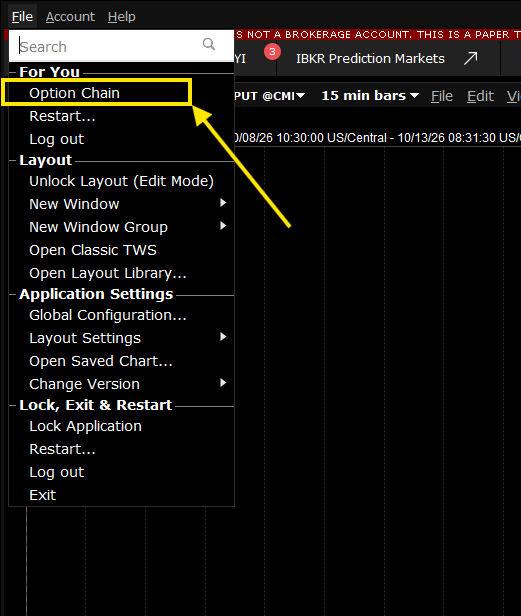 In Mosaic, File → Option Chain opens the option chain for the underlying.