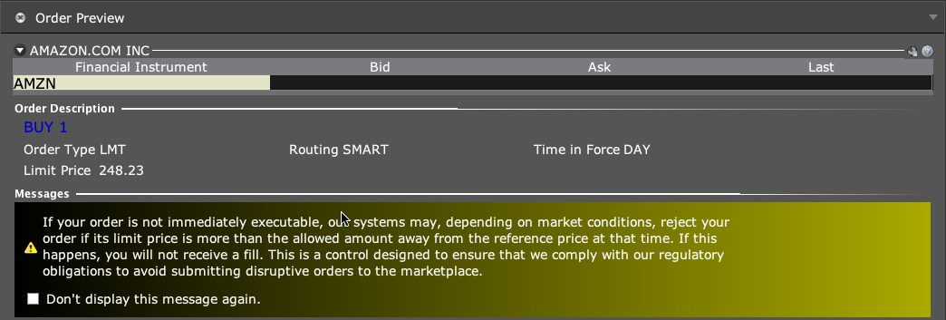 Paper Order Preview with quantity, limit price, route, time in force and a price warning