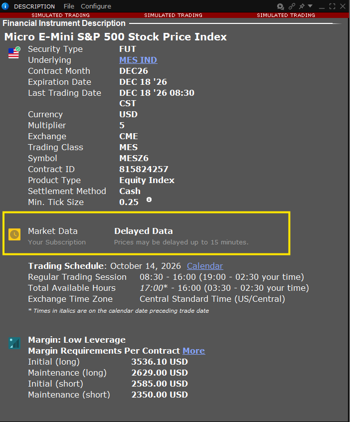 The Market Data line in a contract’s Description shows whether TWS is serving delayed data for it.