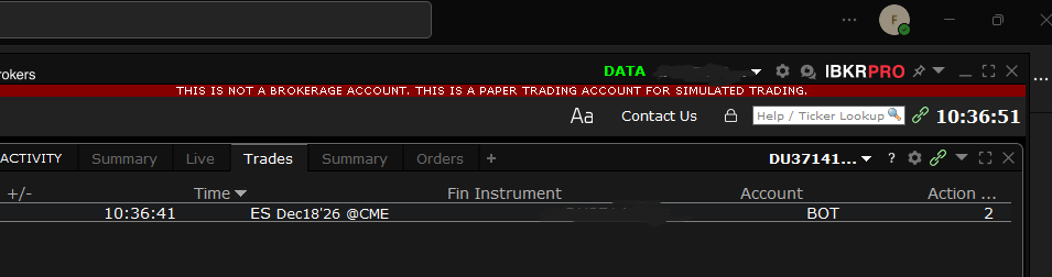 The Trades tab in the paper session records each execution with its time, instrument and action, so differences can be noted separately.