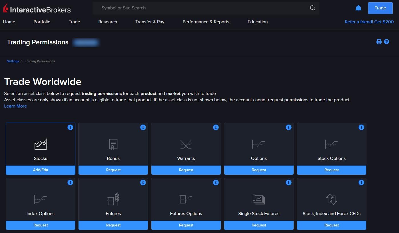 The Trading Permissions page in Client Portal: open the asset class and market you were rejected on to request or edit its permission.