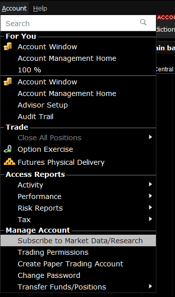 In TWS, Account → Subscribe to Market Data/Research opens the market-data subscription page.