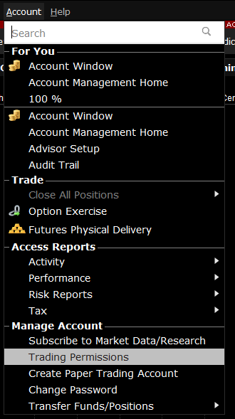In TWS, Account → Trading Permissions opens the permissions page for the account.