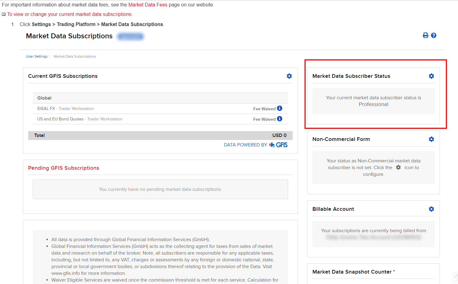 The Market Data Subscriptions page in Client Portal shows current subscriptions and the market-data subscriber status.