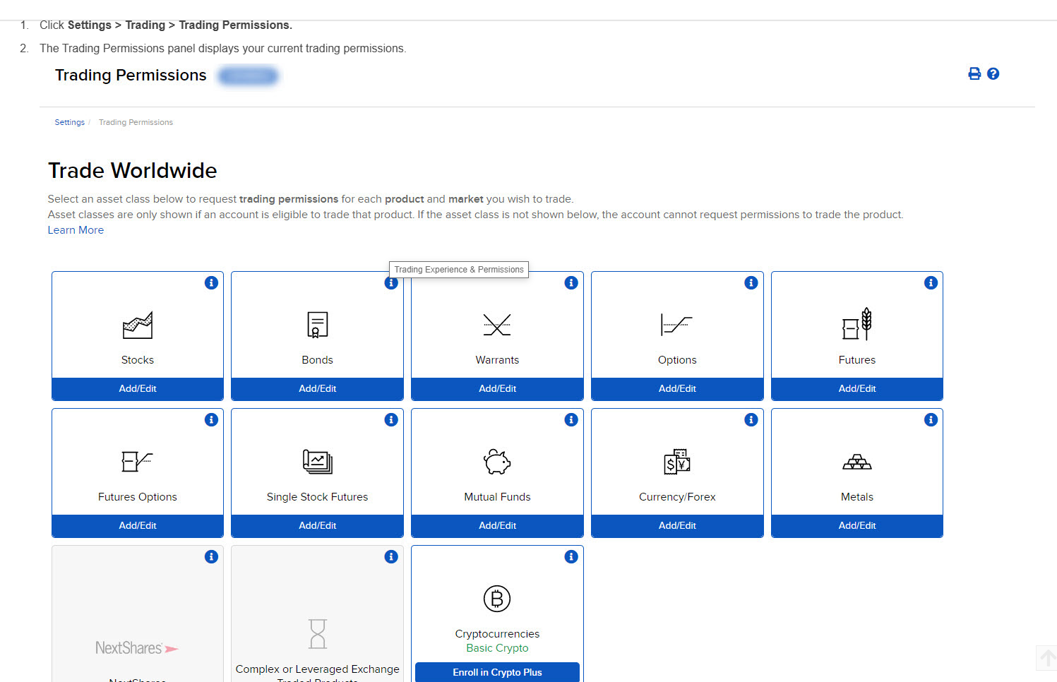 The Trading Permissions page lists each asset class with an Add/Edit button for the product and market you need.