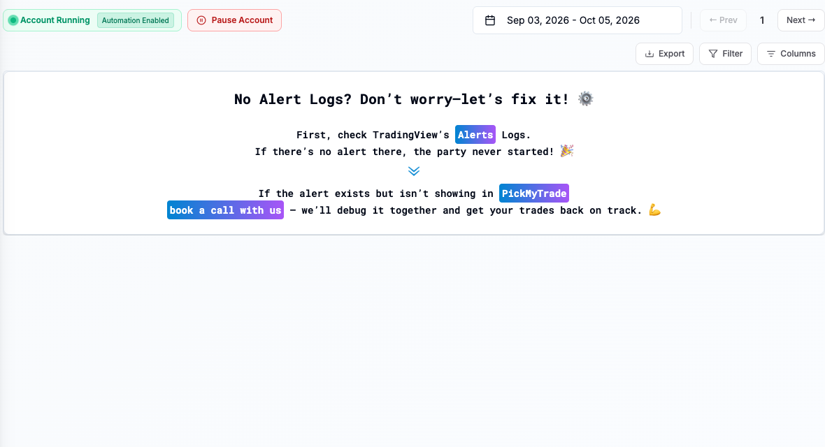 PickMyTrade IB Alerts page with date filters, columns and an empty alert list