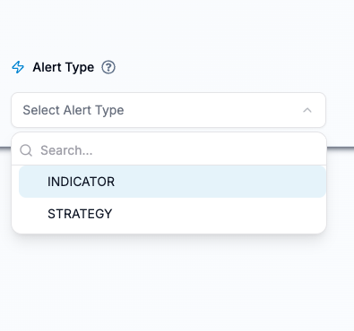 PickMyTrade Alert Type menu with INDICATOR and STRATEGY