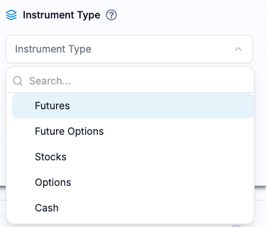 PickMyTrade Instrument Type menu listing Futures, Future Options, Stocks, Options and Cash