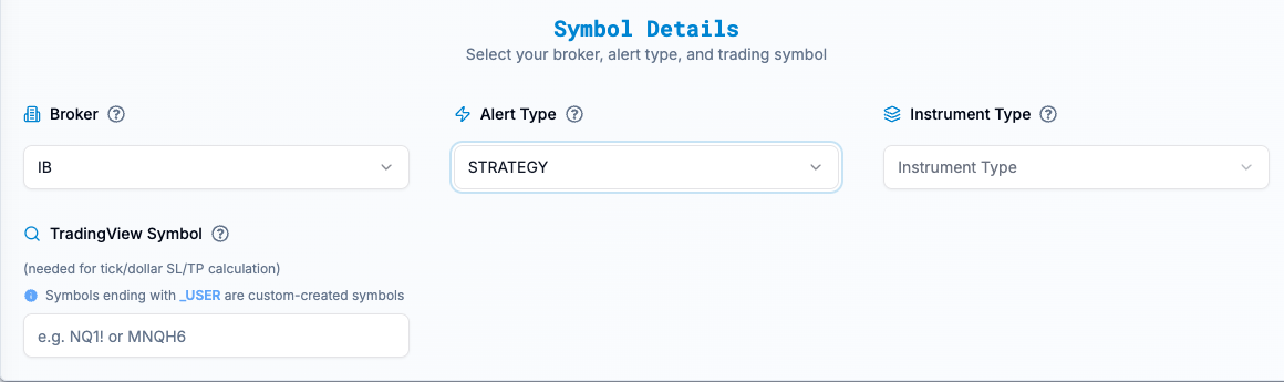 PickMyTrade Generate Alert Symbol Details with IB and STRATEGY selected