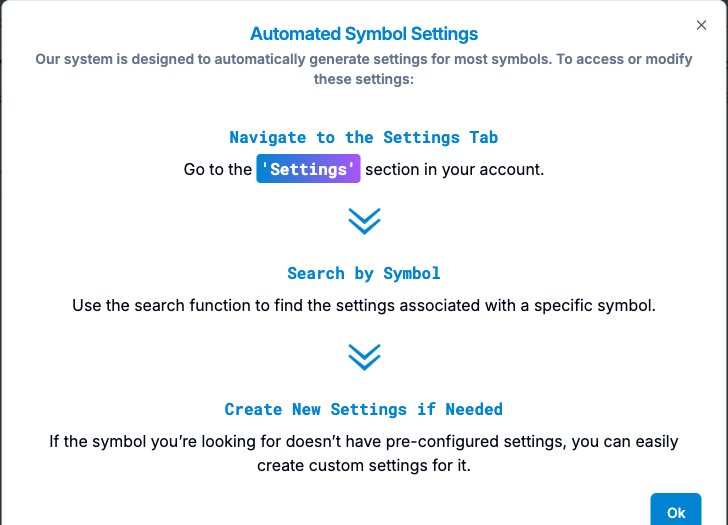 PickMyTrade Automated Symbol Settings notice describing Settings and symbol creation