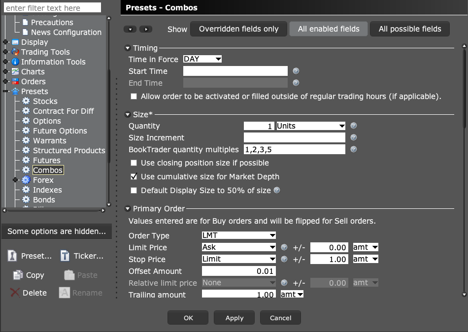 TWS combo preset settings