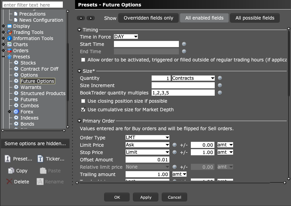 TWS futures-option preset settings