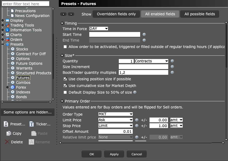 TWS futures presets with contract size and order type