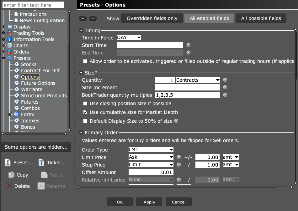 TWS option presets with contract quantity and primary order settings