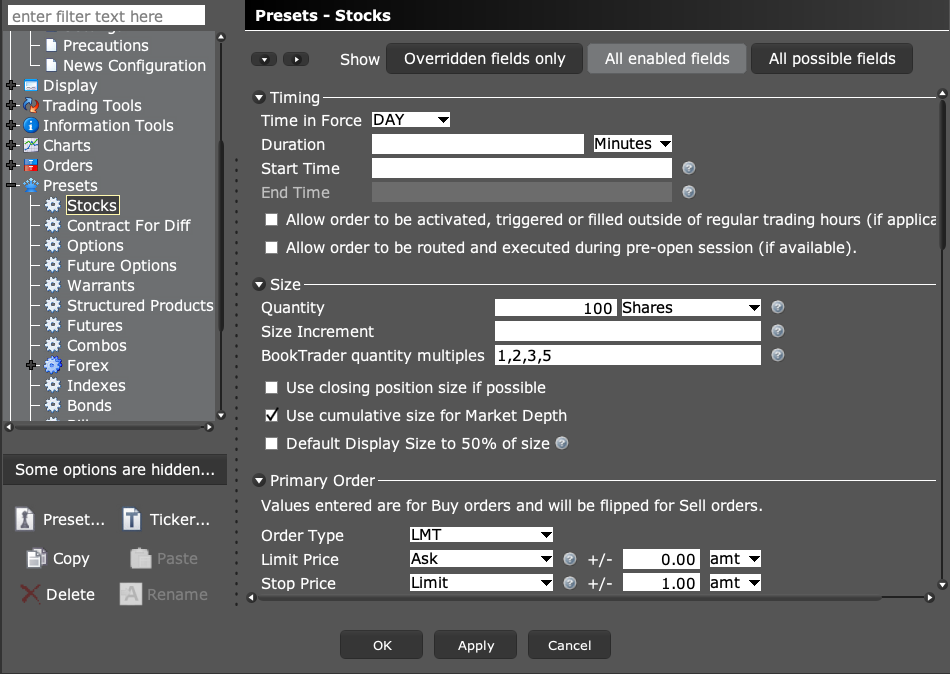 TWS stock presets showing timing, quantity and primary order defaults