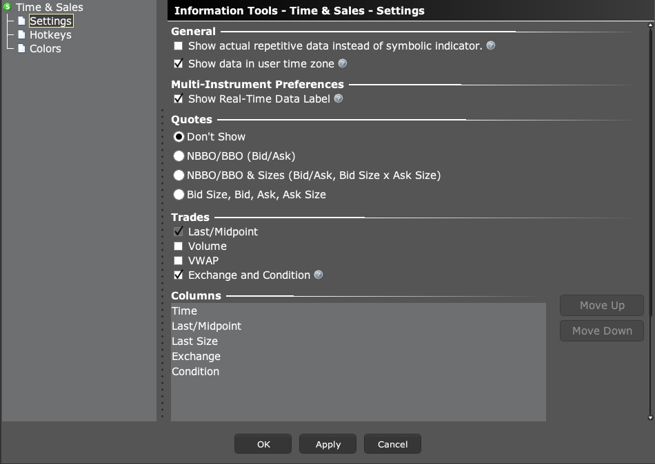 Time and Sales settings with quote choices, trade fields, columns and user time zone